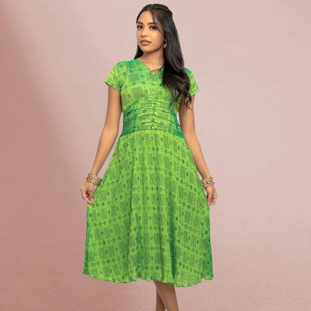 Parrot Green Crushed Dress | Harmony Hues | Muvvas Boutique